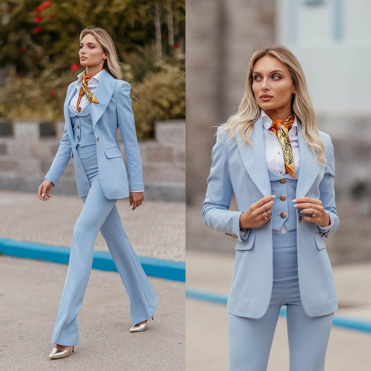 Women Formal Party Wear Dress - Kadın Resmi Takım Elbise Gök Mavisi