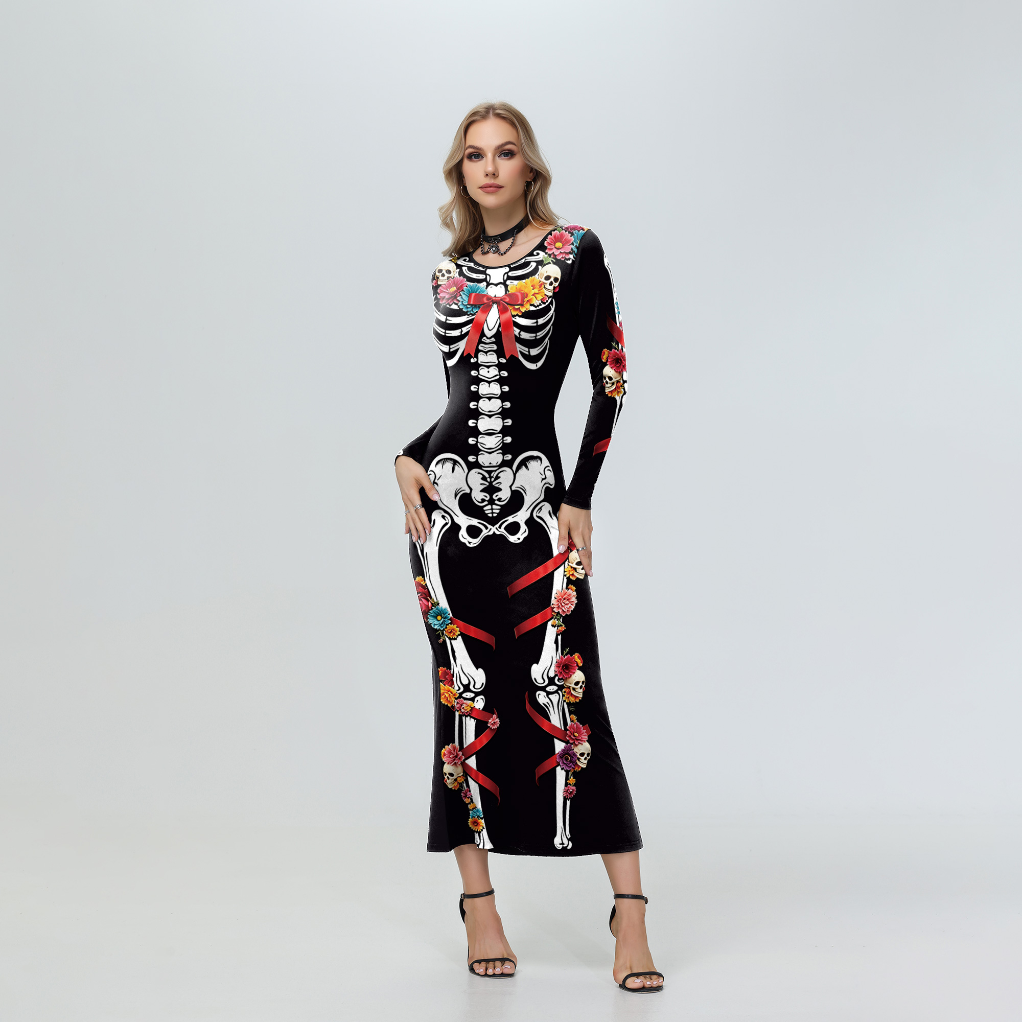 Women'S Red Formal Wear - Cadılar Bayramı Kadın Çiçekli İskelet Desenli