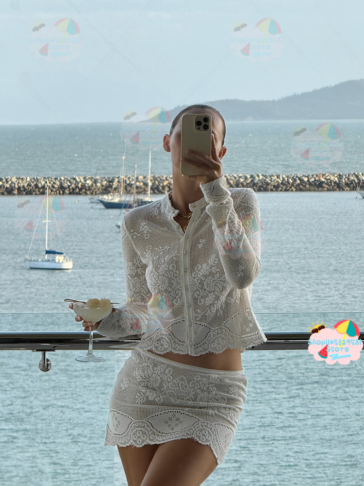 Women'S Holiday Formal Wear - Beyaz Çiçekli Delikli Tığ İşi İki