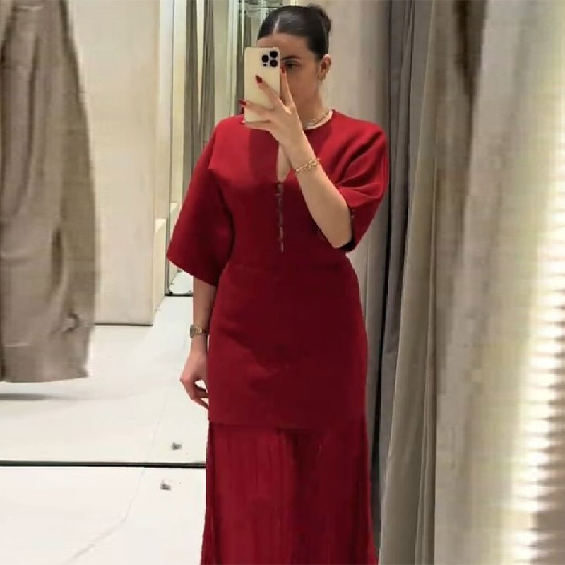 Women Formal Party Wear Dress - Kadın Zarif Bordo Pileli Maxi Elbise