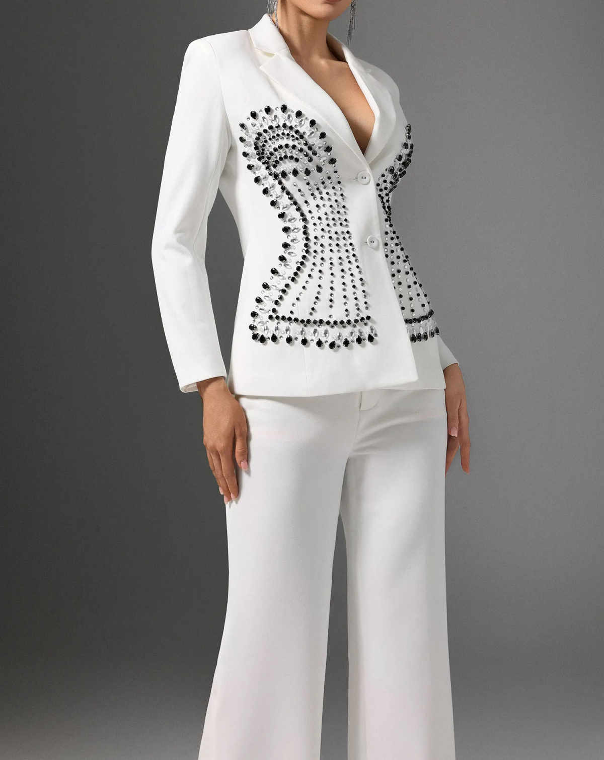 Women Formal Wear Black And White - Beyaz Kadın Blazer Elbise Özelleştirilmiş Siyah