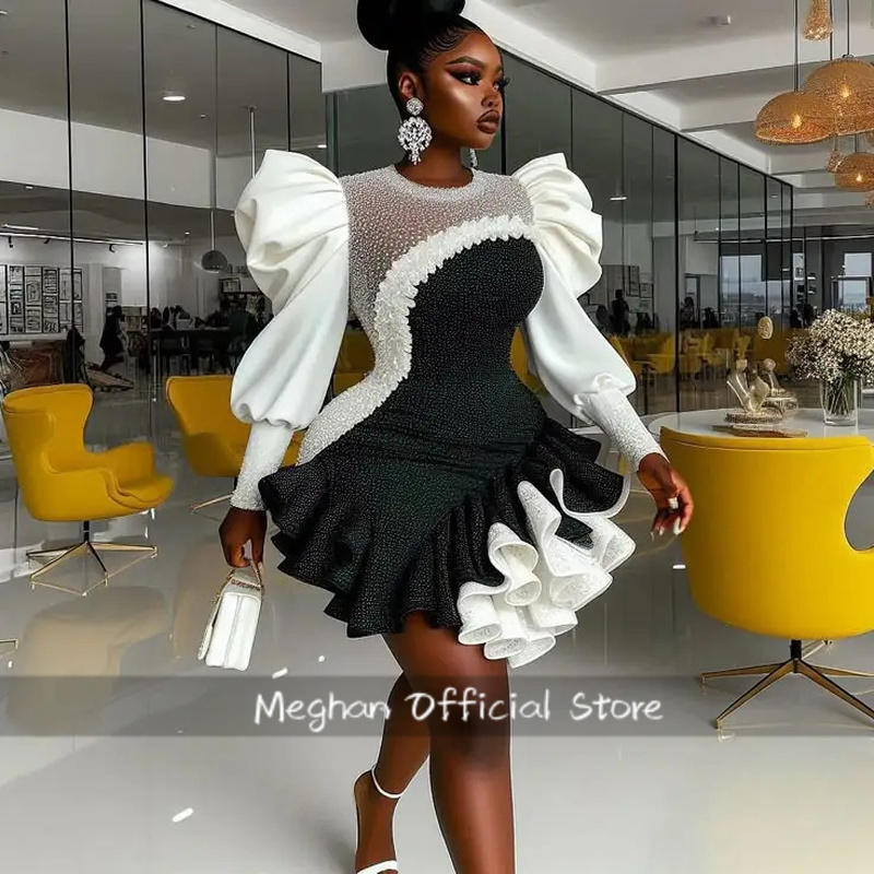 Women Formal Wear Black And White - Siyah Beyaz Kısa Abiye Elbiseler Aso